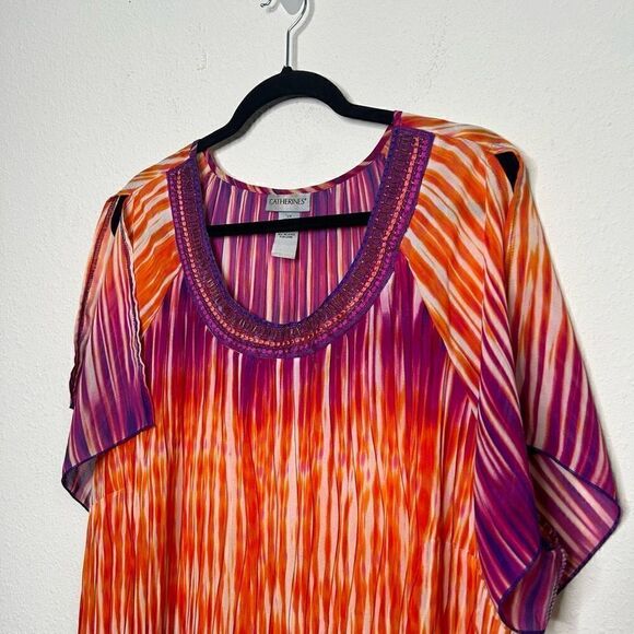 Catherine’s Sequin 70’s Multicolor Tie Dye Crinkle Split Sleeve Top Size 2X - Picture 2 of 13